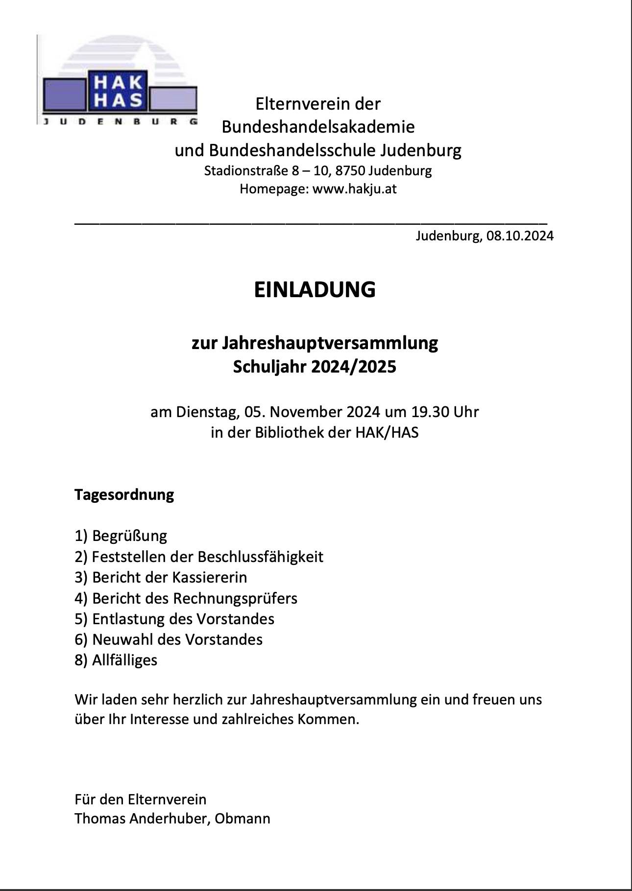 Einladung zur Jahreshauptversammlung